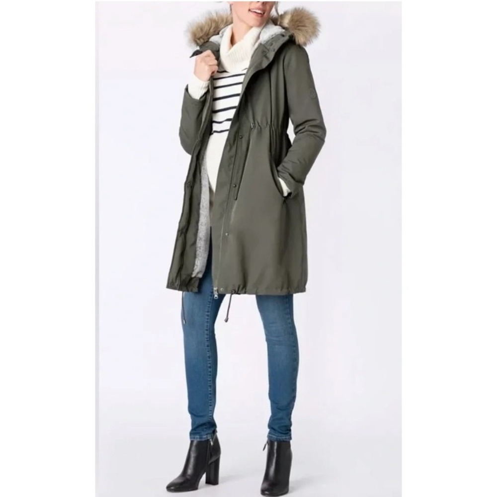 Seraphine Maternity Parka Jacket Coat Faux Fur Hooded Green Warm Casual Baaby 10